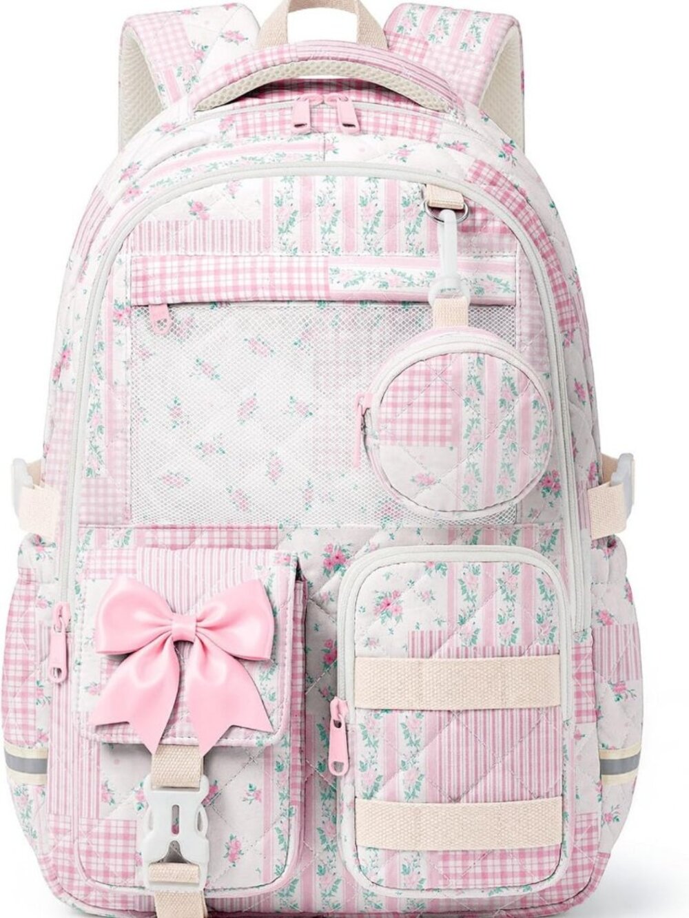 Cute Floral Quilted Backpack for Girls | Kawaii School Bookbag with Mesh Pocket